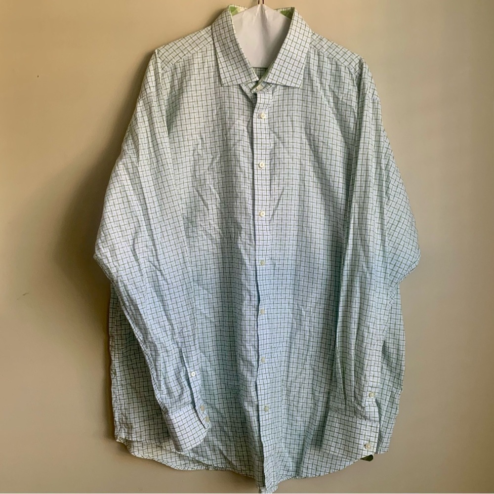 Jack Stone by Thomas Dean Men's white/green Checkered dress Shirt size 2XL